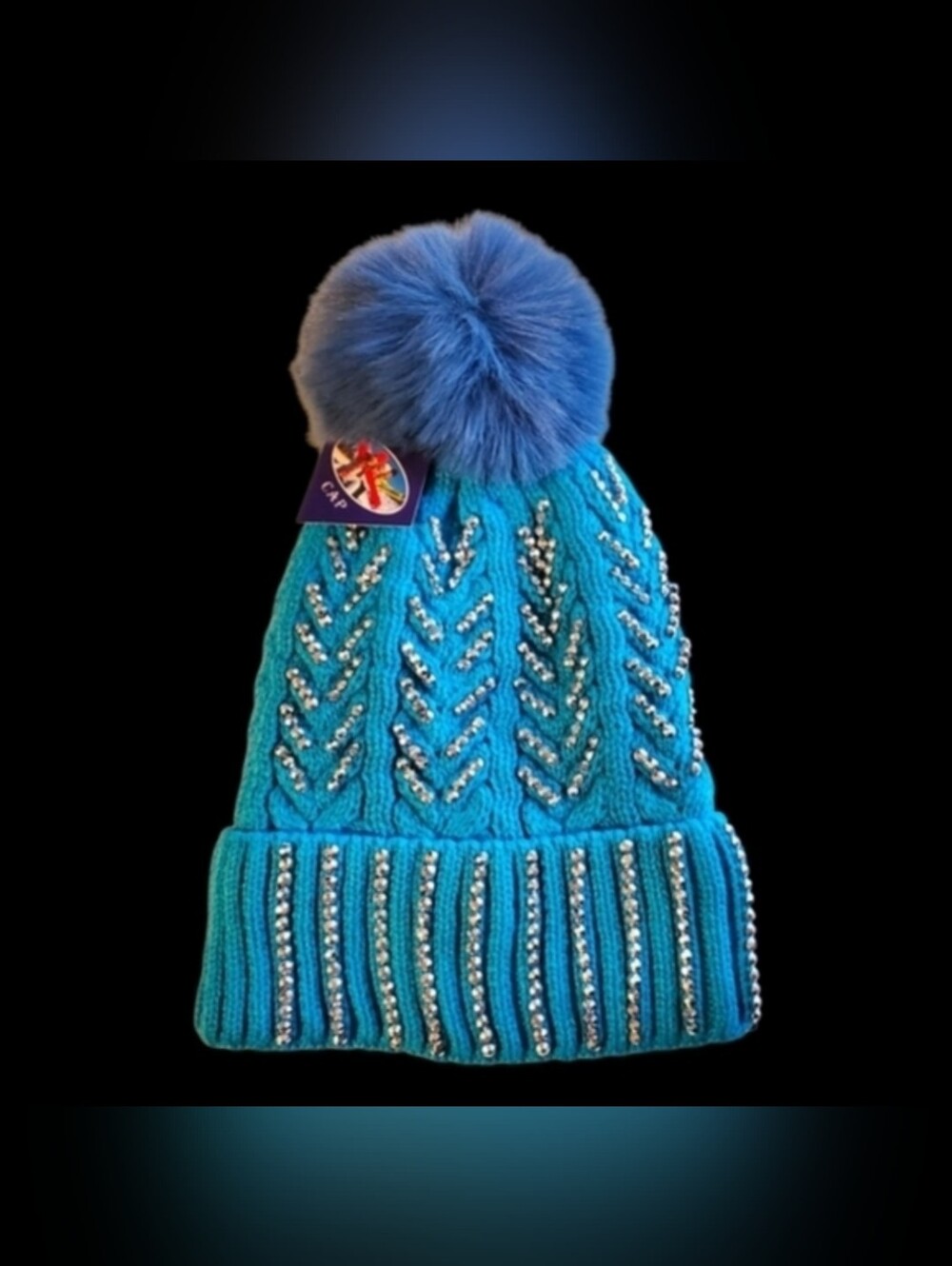 Ski Hat - Blue Knit Beanie with a Pom Pom & Furry Lining